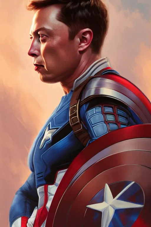 Image similar to elon musk as captain america, marvel character, portrait, highly detailed, digital painting, artstation, concept art, smooth, sharp focus, illustration, cinematic lighting, art by artgerm and greg rutkowski and alphonse mucha