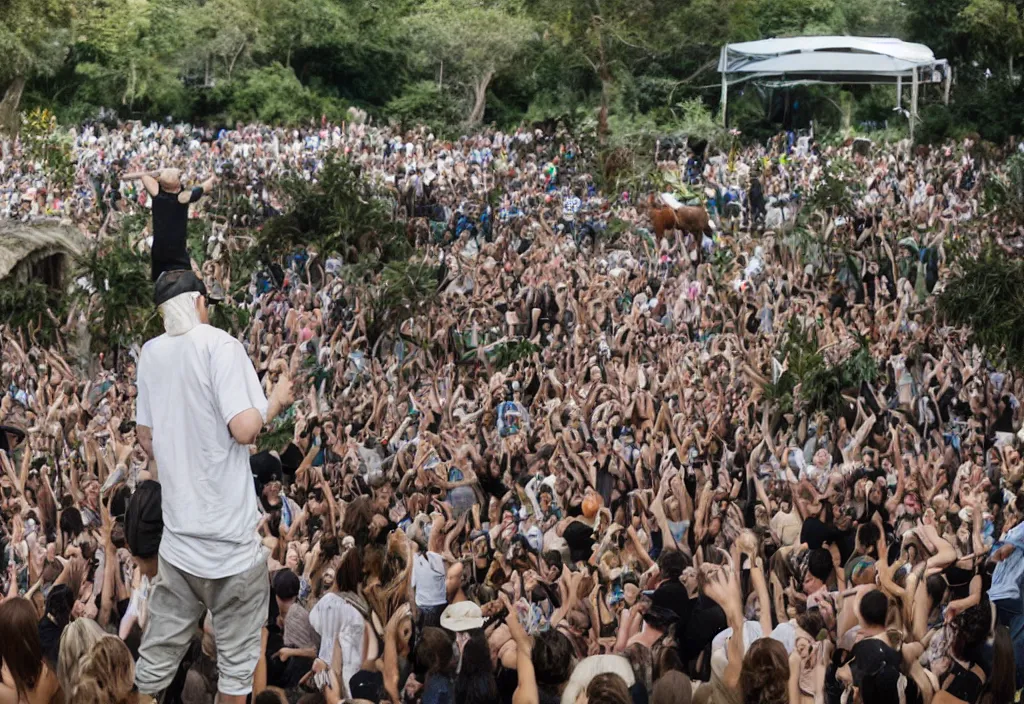 Prompt: a dj performing to a crowd of zoo animals