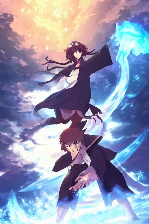 Image similar to cover art of mage summoning a ice golem, ufotable anime style, epic background