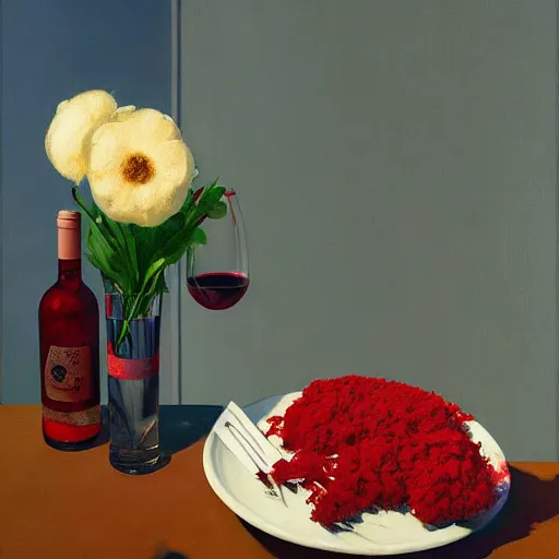 Image similar to an achingly beautiful still life featuring blooming flowers, tillamook cheese, and red wine , very coherent, painted by Edward Hopper, Wayne Barlowe, painted by James Gilleard, airbrush, art by JamesJean