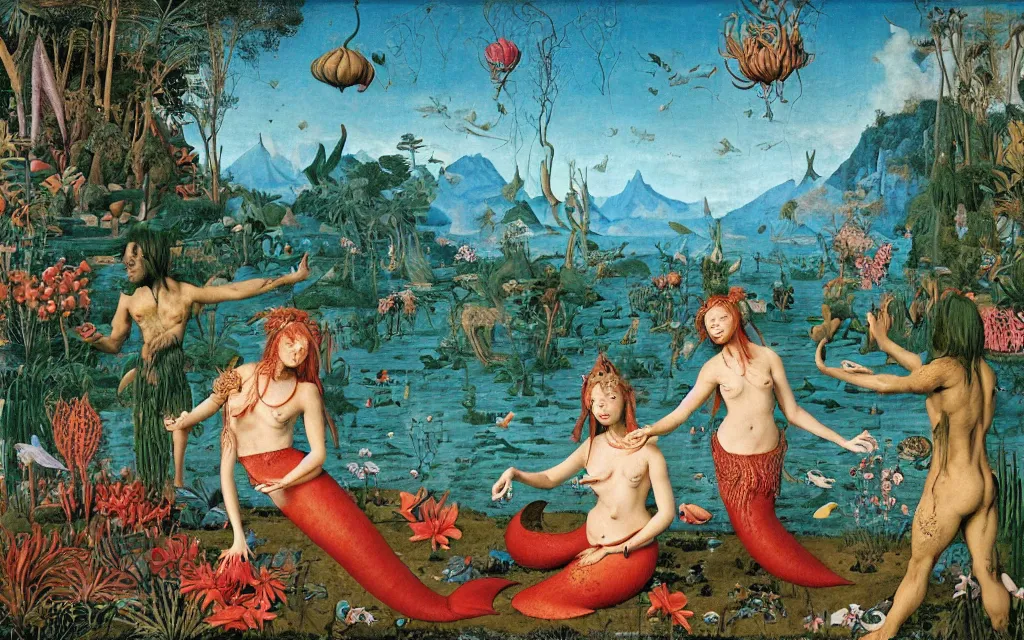 Prompt: a portrait photograph of a meditating mermaid werewolf and a centaur prince feeding tropical animals at a wide river delta. surrounded by bulbous flowers, animals, trees and fish. mountain range under a vast blue sky of burning stars. painted by jan van eyck, max ernst, ernst haeckel, cgsociety, artstation, fashion editorial