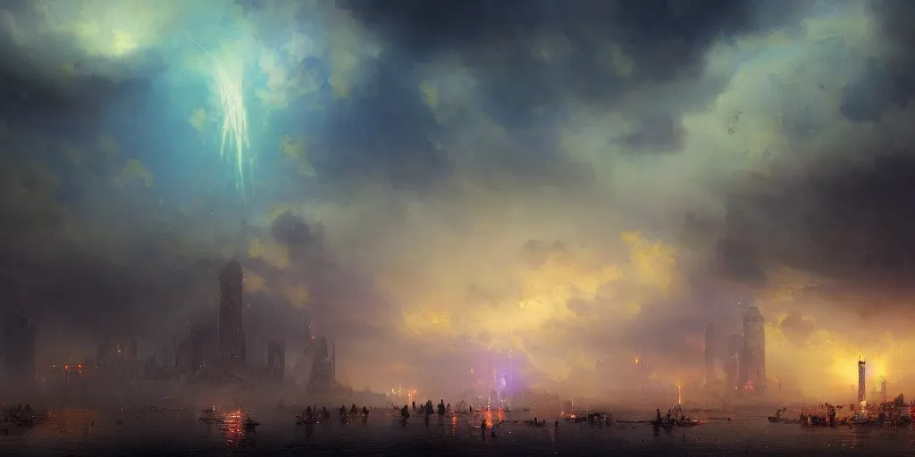 Prompt: Shenzhen in the style Enchanted, mystical, magical, steampunk airship overhead with propellers, Victoria Terminus, apocaplytic clouds, magical lightening, highly detailed, magical atmosphere, Hi-Tech, Dramatic lighting, epic compositing, high quality, ivan aivazovsky, greg rutkowski, trending on artstation, astrology, denoise