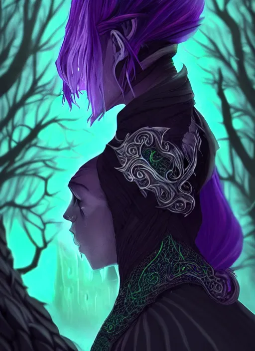 Image similar to side portrait dark witch, adventurer outfit large cloak, fantasy forest landscape, dragon scales, fantasy magic, undercut hairstyle, short purple black fade hair!!!!!!, dark light night, intricate, elegant, sharp focus, illustration, highly detailed!!!!!!!, digital painting, concept art, green neon smoke, matte painting, art by WLOP and Artgerm and Greg Rutkowski and Alphonse Mucha, masterpiece