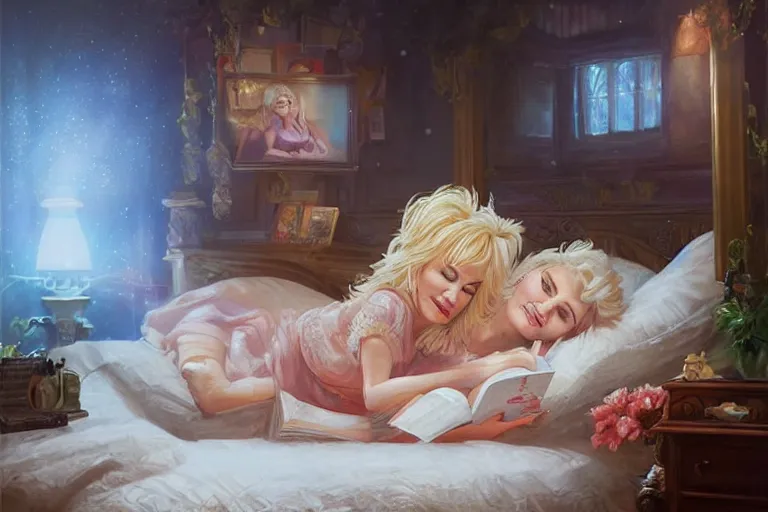 Image similar to portrait of dolly parton reading a bedtime story in bed, an oil painting by ross tran and thomas kincade