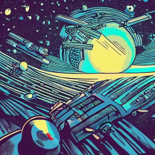 Image similar to colorful mcbess style interstellar war