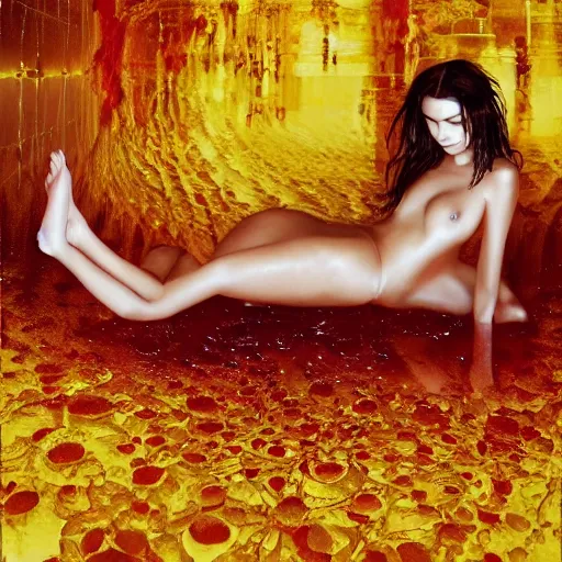 Image similar to Emily Ratajkowski model with beautiful face and full body laying in a blood red pool of water between a bright golden glowing mirror frame, outside is space and inside the mirror frame is a beautiful landscape. Hyperrealistic surreal 4K IMAX Rene Margritte intricate, elegant, highly detailed, digital painting, artstation, concept art, smooth, sharp focus, illustration, art by artgerm, Francis bacon, HR Giger and greg rutkowski and alphonse mucha