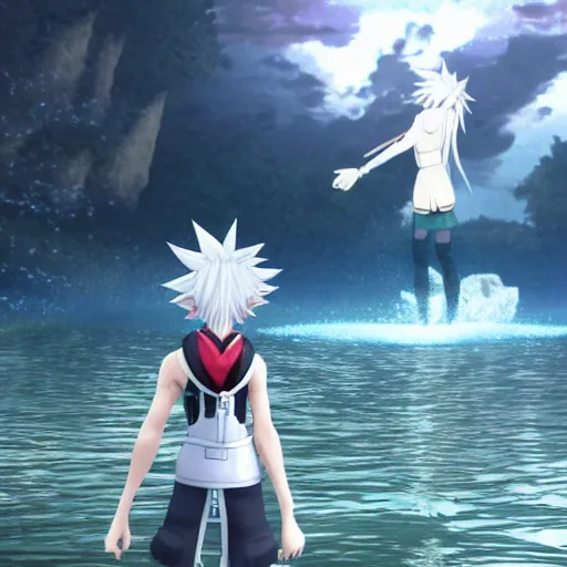 Image similar to a white haired anime character holding out his hand in front of a body of water, a screenshot by michelangelo, deviantart contest winner, vanitas, official art, unreal engine 5, unreal engine. kingdom hearts opening. kingdom hearts cinematic.