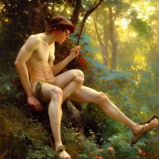 Image similar to attractive male fairy with wings in the forest, posing. highly detailed painting by gaston bussiere, craig mullins, j. c. leyendecker, 8 k