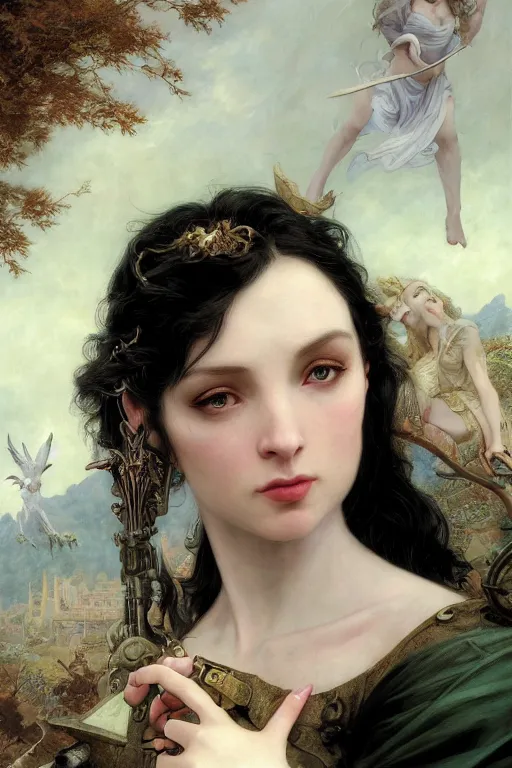 Image similar to a fantasy comic book style portrait painting of a beautiful woman with pale skin and long black hair, mystical valkyrie, francois boucher, oil painting, unreal 5, hyperrealistic, octane render, regal, refined, detailed digital art, rpg portrait, william - adolphe bouguereau, michael cheval, walt disney, steampunk, dynamic lighting, highly detailed, unreal engine