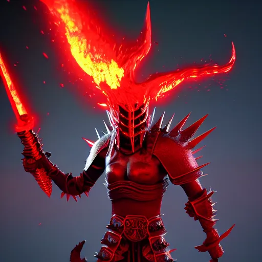 Prompt: hell knight with red spiky with flaming sword, highly detailed, 4 k, hdr, award - winning, octane render, artstation