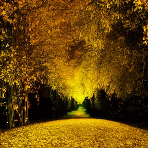 Prompt: Autumn night, Full moon,, path surrounded by trees with yellow leafs, beautiful