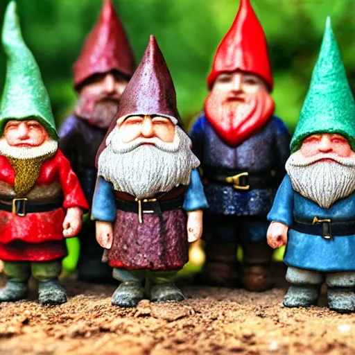 Prompt: garden gnome set of the fellowship of the ring, tilt shift, award winning, highly textured