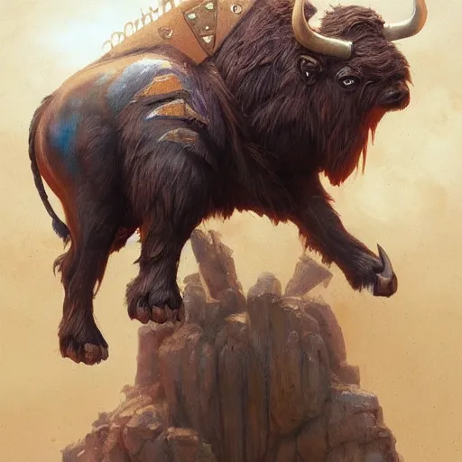 Image similar to primitive golden bison idol, d & d, fantasy, portrait, digital painting, trending on artstation, concept art, sharp focus, illustration, art by artgerm and greg rutkowski and magali villeneuve