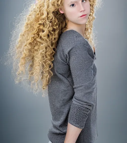 Image similar to a professional 8 5 mm highly detailed portrait of annabeth chase, a caucasian eighteen year old girl that looks like a california valley girl, intense stormy gray eyes, blonde curly hair, professional photography, midday lighting, defiant, beautiful