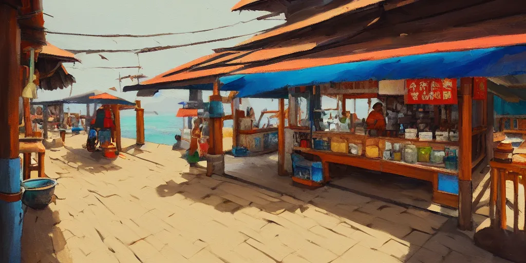 Prompt: interior of a small kopitiam at pulau indah fishing village, near a jetty, early morning, detailed painting, low angle view, telephoto lens, bokeh, hayao miyazaki, studio ghibli, artstation