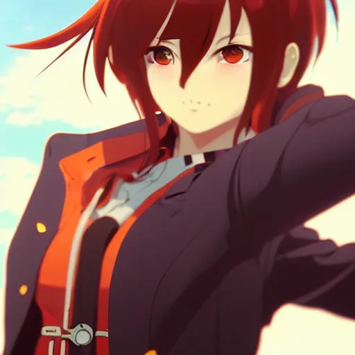 Image similar to makoto shinkai, artgerm, ilya kuvshinov, steampunk beautiful anime women, first woman with red shirt brown pants black and red hair hair, symmetrical face, symmetrical eyes, second anime woman with orange hair and black pants, action scene, shooting fire war, detailed, summer setting, cinematic lighting