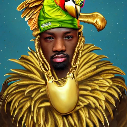 Image similar to parrots wearing golden rings and necklaces, with rap cap on head, rapping and sitting on golden trees, rap scene, musical concert concept art, trending on artstation, highly detailed, digital art, 8 k