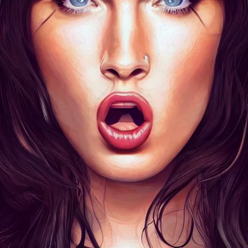 Prompt: megan fox sticking her tongue out, hyperrealistic portrait, photo realistic, poster, artstation, volumetric lighting, digital art, very detailed face, instagram photos