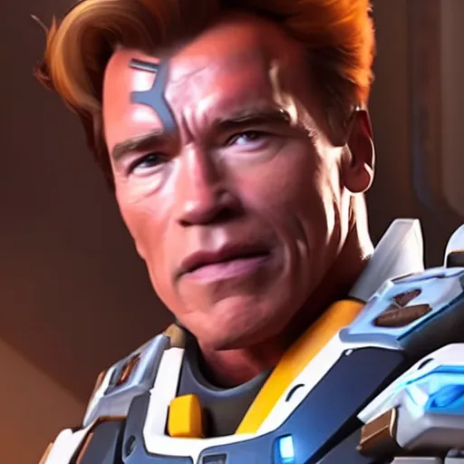 Image similar to a screenshot of arnold schwarzenegger as tracer in overwatch