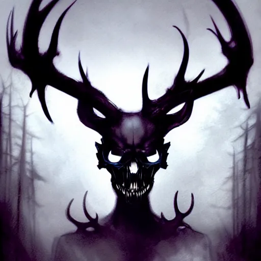 Image similar to in the style of artgerm, peter mohrbacher, rafael albuquerque, arthur rackham, wendigo, in the forest emerging from the shadows, deer skull face, antlers, fog, full moon, moody lighting, horror scary terror