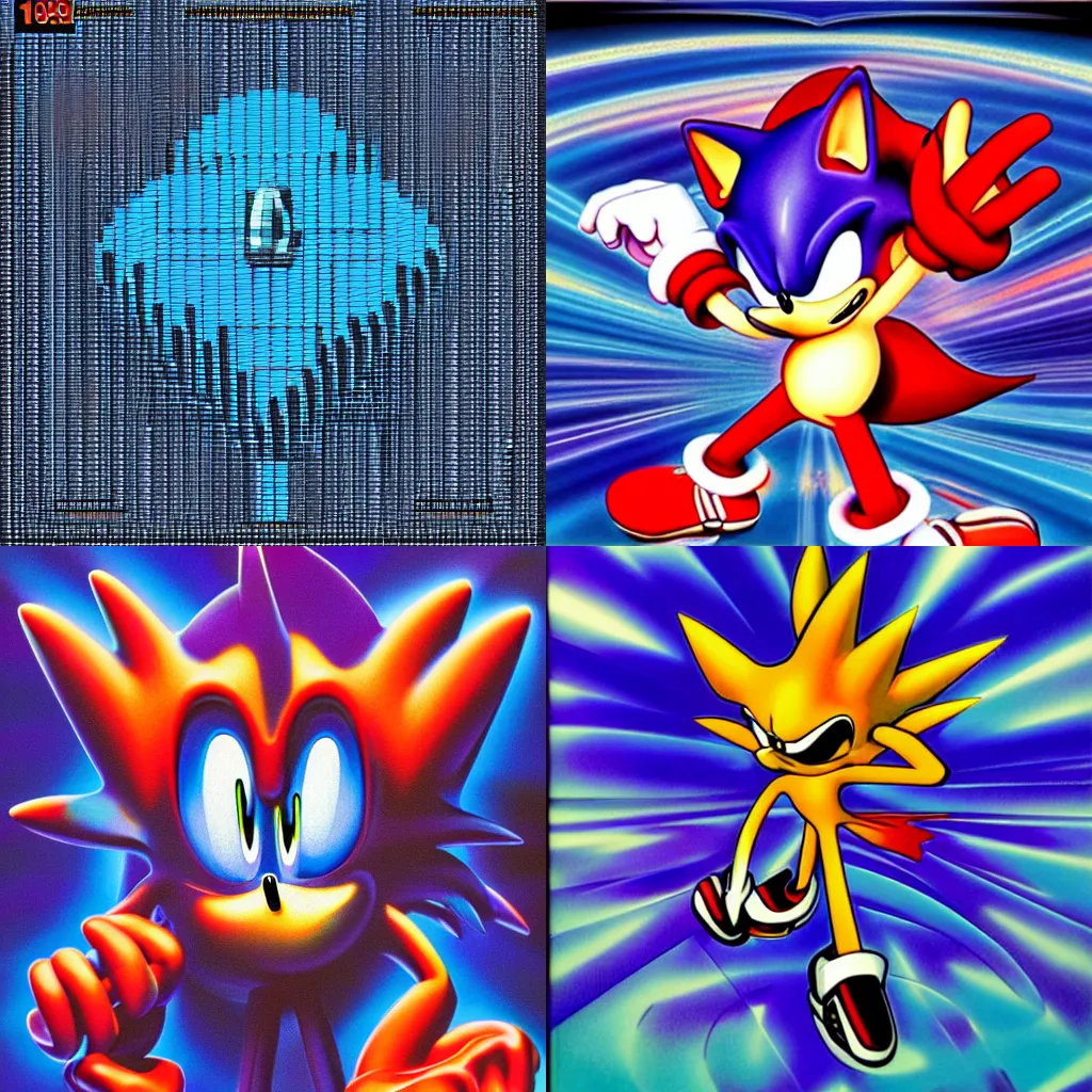 Prompt: surreal, sharp, detailed professional, high quality airbrush art album cover of 1990s techno-spiritualism in the vague shape of sonic the hedgehog, blue checkerboard background, 1990s 1992 Sega Genesis box art