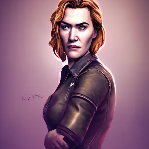 Image similar to kate winslet portrait, borderlands, tales from the borderlands, the wolf among us, comic, cinematic lighting, studio quality, 8 k