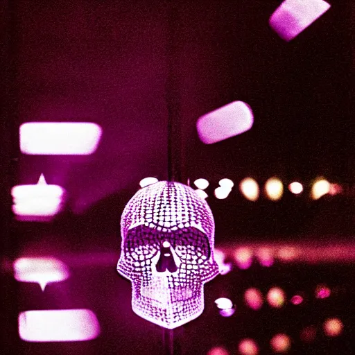 Prompt: a disco skull full of long spikes, reflecting light in a nightclub, grainy film photograph