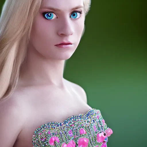 Image similar to close up headshot of a princess with long blonde hair and light blue eyes wearing a strapless elaborately beaded pink dress, high resolution film still, 8k, HDR color, film by Simon Langton and David Frankel, triangular face, slight freckles, round narrow chin, straight jawline, natural pink lips, cheekbones