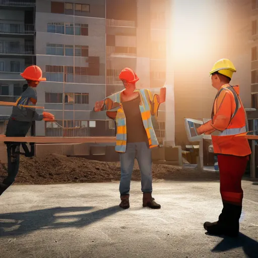 Prompt: Award-winning photograph of an office worker arguing with a construction worker about pipes with an apartment complex on the background, god rays, cinematic, 8k, Unreal Engine render