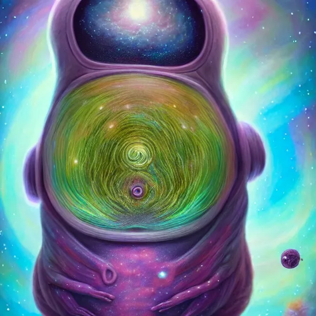 Image similar to a highly detailed tardigrade, it has rainbow hair and a beautiful unconventional face, floating through deep space, elegant, hyperrealistic, digital painting, artstation, realism, concept art, pop, smooth, mythological, sharp focus, qualia, illustration, art by mark ryden 3 d 8 k ultra detailed