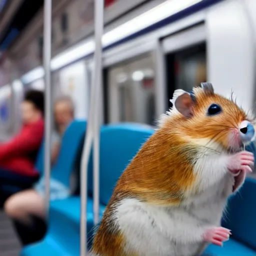 Image similar to photo of a hamster inside a metro train, various poses, unedited, soft light, sharp focus, 8 k