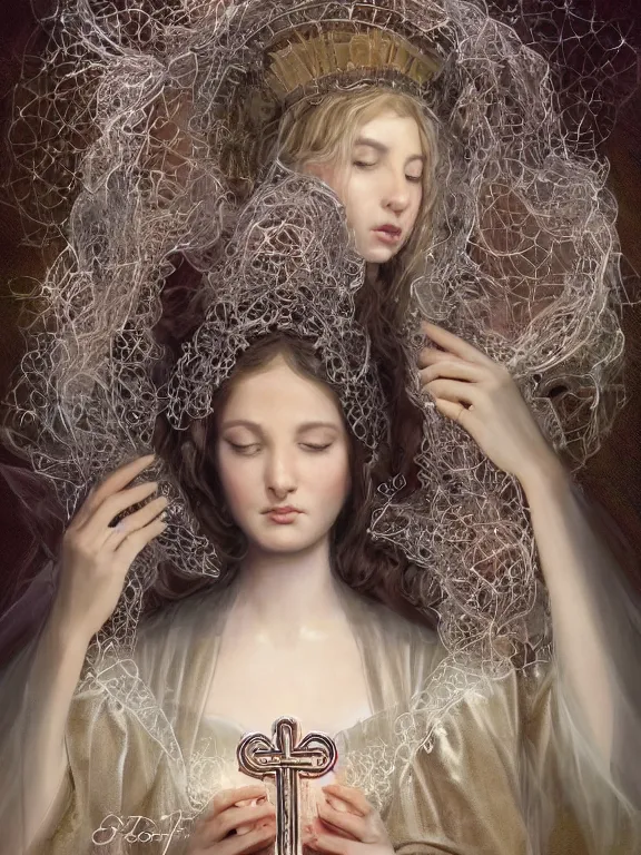 Image similar to a complex concept art ultra detailed of two baroque catholic veiled perfect female face android queens kneel and pray with lots of electric cable behind them connected to giant computer,bowknot, fine lace, GUCCI, sparkling, jewel embellishment, film lighting, by Andrei Riabovitchev,Stanely Artgerm, Tom Bagshaw, Andrei Riabovitchev, aaron horkey, trending on pinterest, full of color, mythological, high detailed,golden ratio,cinematic lighting