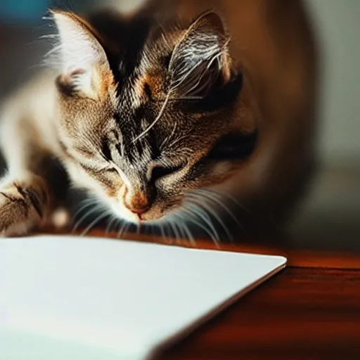 Image similar to a photo of a cat writing the word meow on a notepad