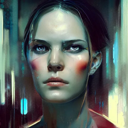 Image similar to portrait of a young beautiful woman, reflecting eyes, cyberpunk, high detail, dramatic light, digital art, dark, painted by seb mckinnon and greg rutkowski, trending on artstation