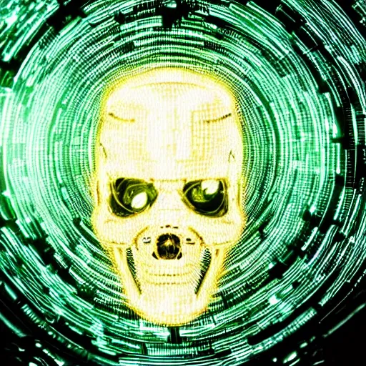 Image similar to extremely detailed portrait of a terminator's head, packed with cybernetics and and borg enhancements and has lit optic fibers inside. In a forest with bokeh. No plating.