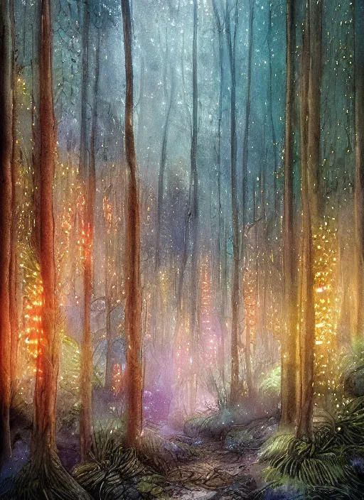 Prompt: pipe organ forest with fairy lights, light ground fog, river, detailed fantasy watercolor comic style, subtle colors, by tony sart