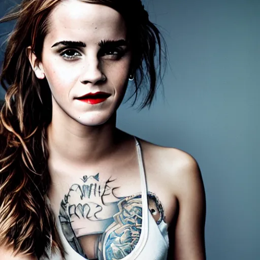 Prompt: Photo of tattooed Emma Watson cosplaying as white trash, soft studio lighting, photo taken by Martin Schoeller for Abercrombie and Fitch, award-winning photo, 24mm f/1.4