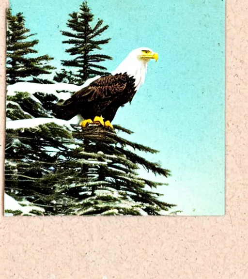 Image similar to damaged postcard of 'an eagle in the nest of a snowy pine tree' laying on table, zoomed out shot