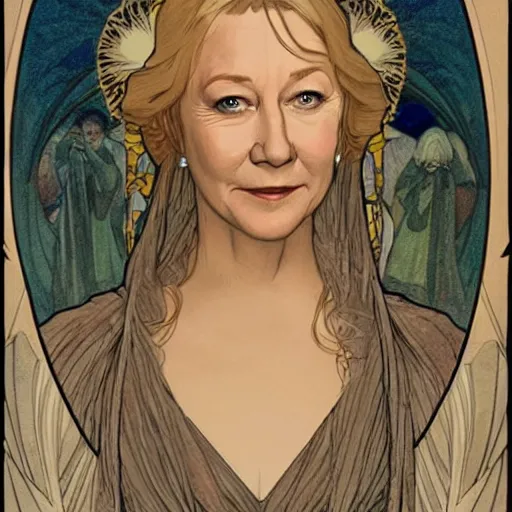 Image similar to helen mirren as galadriel, mucha style,