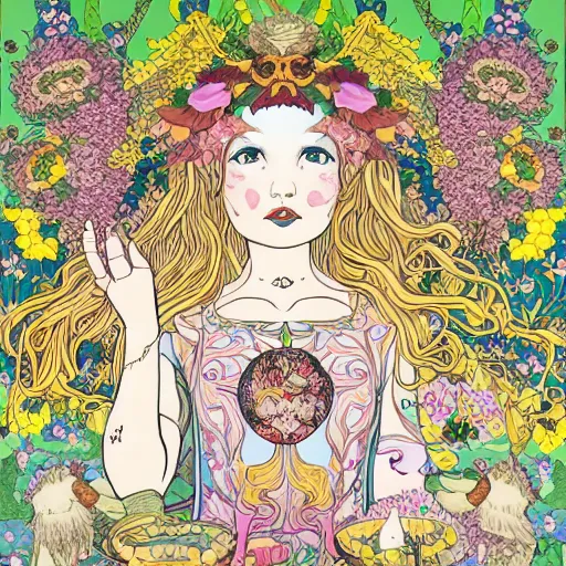 Image similar to a young NeoPagan Goddess of Spring, inside her temple, in a blended style by Junko Mizuno, Henry Darger, and Peter Chung, hyper detailed, photorealistic digital art, flat colors, extremely fine inking lines