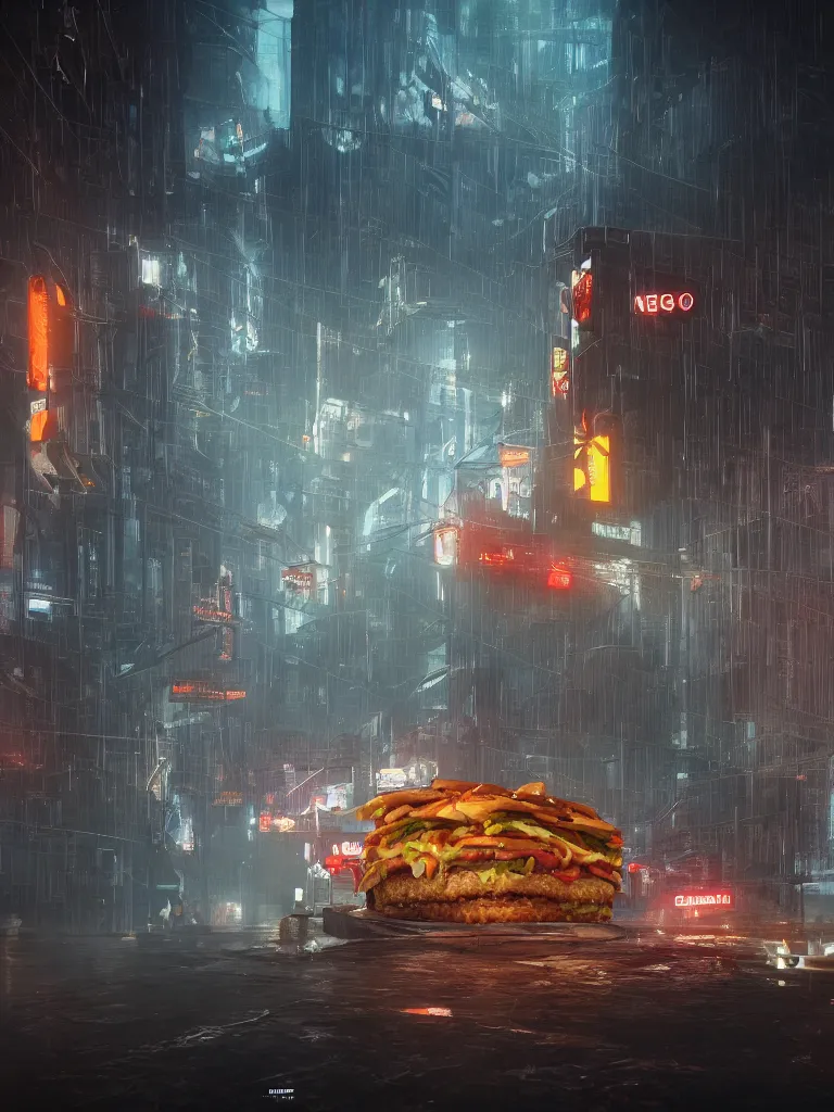 Prompt: drowning in double cheeseburgers, neo gothic, religious art, cyberpunk, medieval, concept art octane render trending on artstation