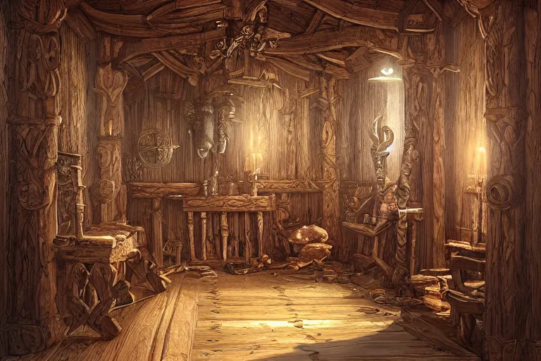 Prompt: Viking king\'s hall, ornate wood, by Tyler Edlin