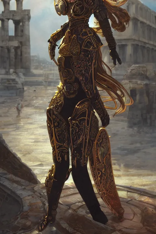 Prompt: portrait knights of Zodiac girl, metallic black and reddish reflected armor, in ruined Agora of Athens, ssci-fi, fantasy, intricate, very very beautiful, elegant, golden light, highly detailed, digital painting, artstation, concept art, smooth, sharp focus, illustration, art by WLOP and tian zi and alphonse mucha