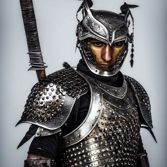 Prompt: portrait photograph of a real-life warrior with metal owl armour. Extremely detailed. 8k