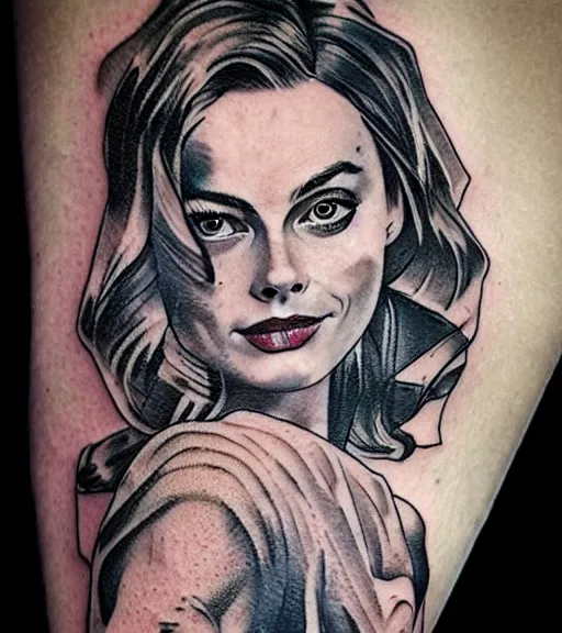 Image similar to mash up tattoo sketch of margot robbie with beautiful mountain scenery, in the style of arlo dicristina, hyper realism, amazing detail, sharp