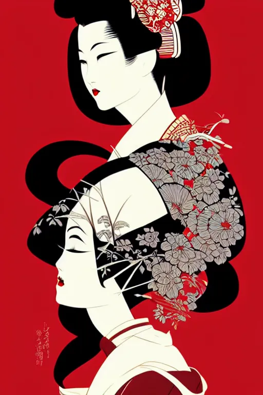 Image similar to silhouette of a geisha, vector art style, medium shot, intricate, elegant, highly detailed, digital art, ffffound, art by jc leyendecker and sachin teng