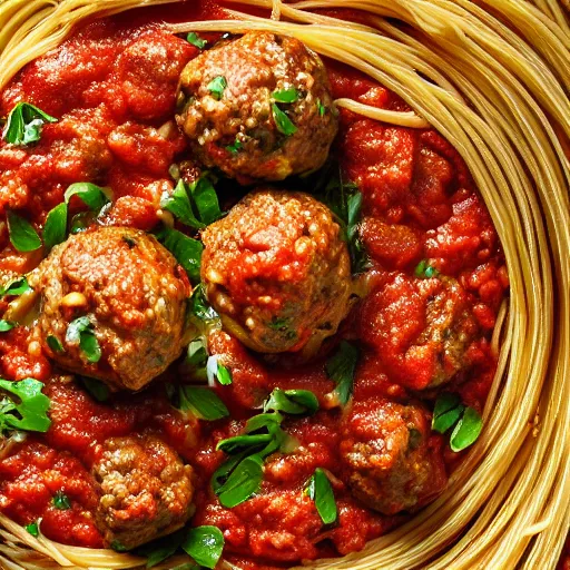 Image similar to food photography of nuclear spaghetti and meatballs