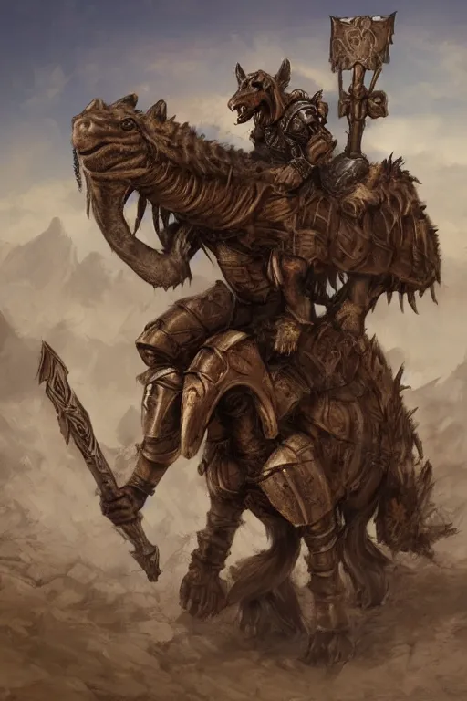 Prompt: Gnoll, metal armor, lance, riding a camel, facing the camera, D&D, fantasy, digital art, realistic, artstation