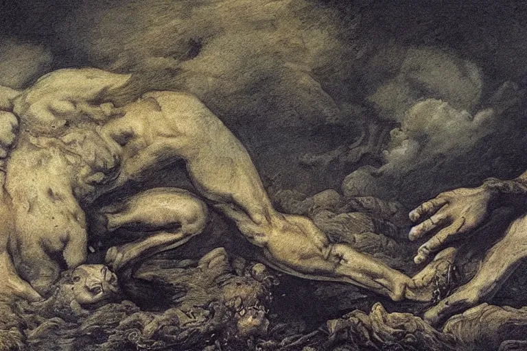 Image similar to the earth eats itself, detailed baroque oil painting, dark, disturbing by goya and alan lee, smoke, hell on earth