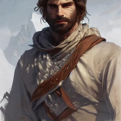 Prompt: portrait of a rugged male, D&D, fantasy, intricate, elegant, highly detailed, digital painting, artstation, concept art, smooth, sharp focus, illustration, art by artgerm and greg rutkowski and alphonse mucha